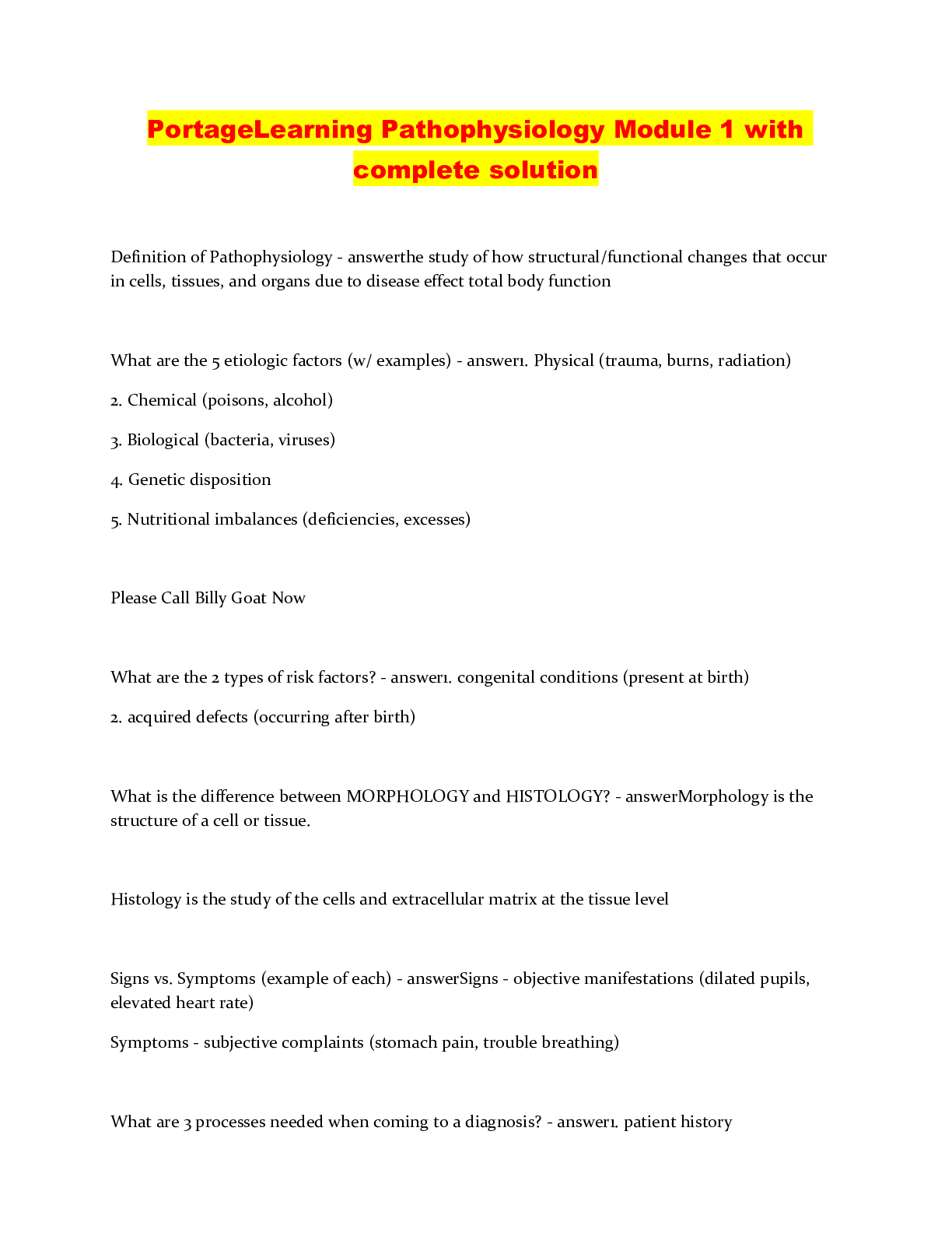 Preview image of PortageLearning Pathophysiology Module 1 with complete solution document